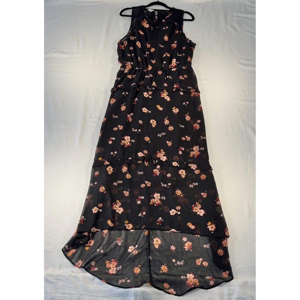 Xhilaration Black Floral High-Low Maxi Dress Sleeveless Ruffle Tiered Medium